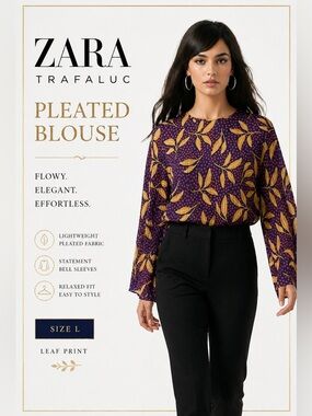 ZARA Trafaluc Pleated Blouse Leaf Print Bell Sleeve Top Size L Flowing Boho
